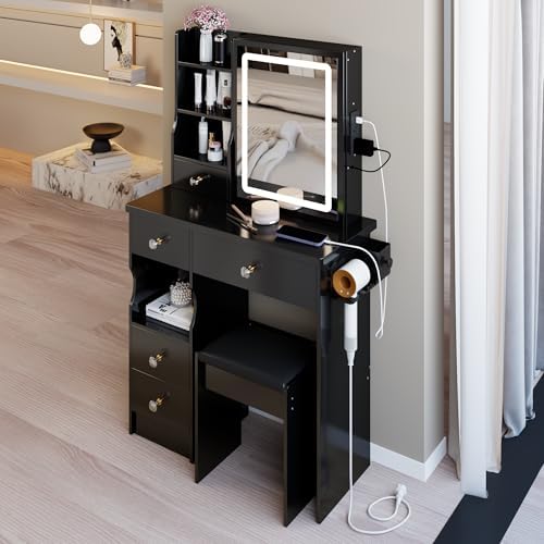 Makeup Vanity Desk with Lighted Mirror and Stool, Small Dressing Table - Image 4