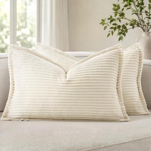 MIULEE Couch Pillow Covers Lumbar 12x20 Cream White Textured Corduroy by MIULEE