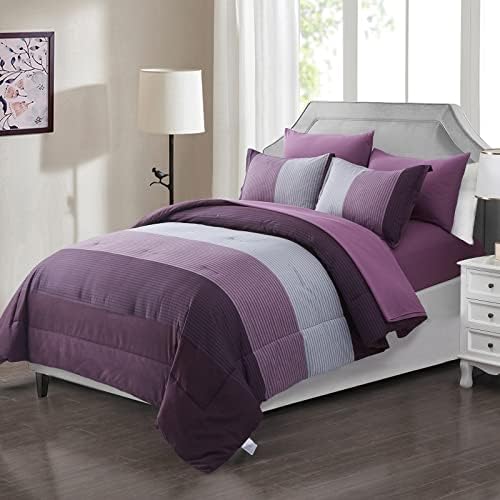 Anibedding Purple King Size Comforter Set, 7 Pieces Striped Bed in a Bag - Image 6