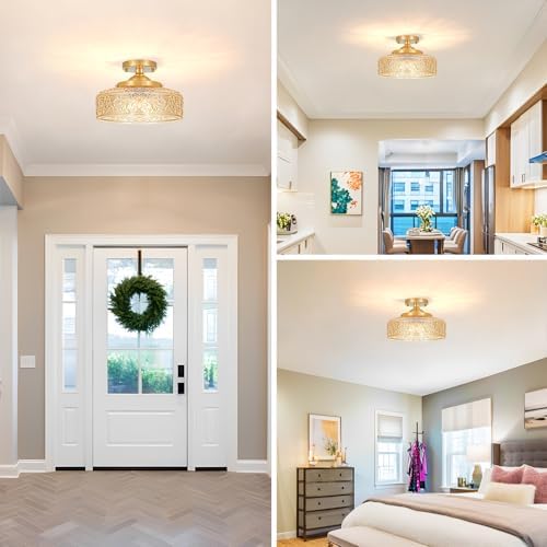 Gold Semi Flush Mount Ceiling Light, 3-Light Close to Ceiling Light - Image 4