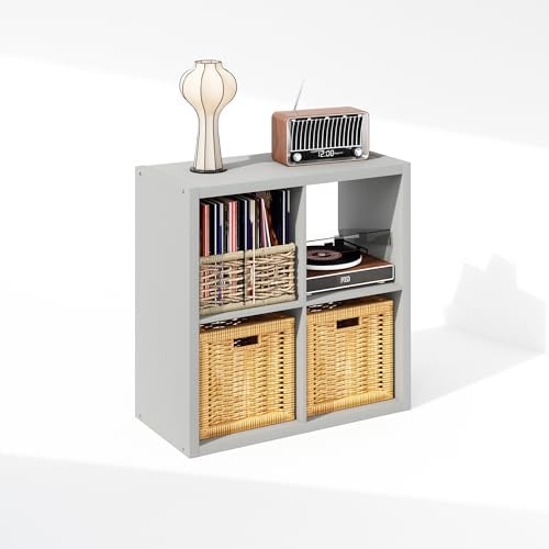 Furinno Cubicle Record Player Stand, 4-Cube Record Storage, Light Grey - Image 4