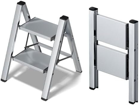 Taranta 2 Step Stool Foldable, Aluminum Step Ladder-Sliver by TARANTA