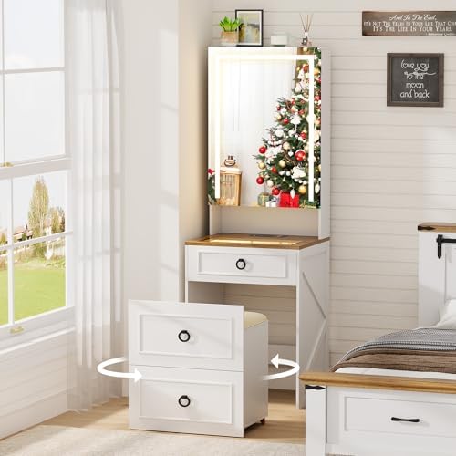 Lvifur Tall Vanity Desk with Mirror and Lights & Storage Stool by LVifurSmartFurniture