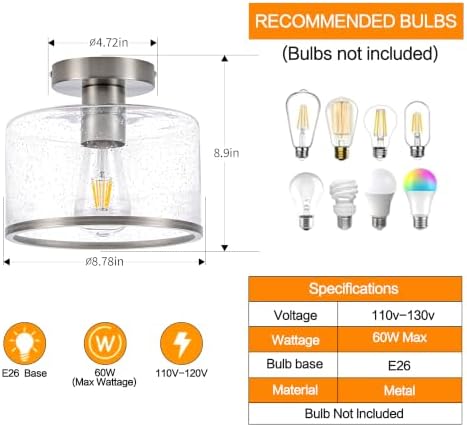 Modern Flush Mount Ceiling Light, Seeded Glass Ceiling Light Fixture, Nickel - Image 3