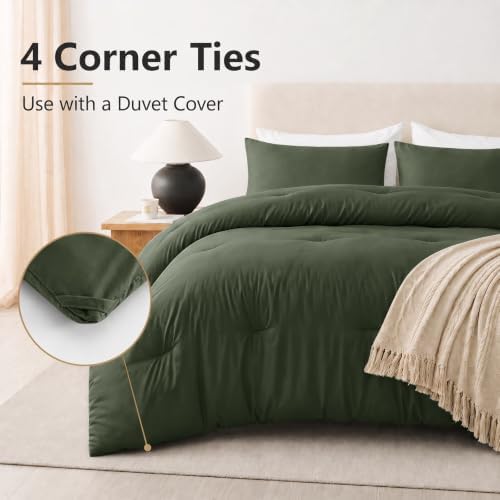 CozyLux Full Comforter Set, 3 Pieces Down Alternative Bedding, Dark Green - Image 4