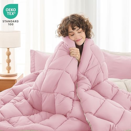 King Comforter Set 7 Pieces, Reversible Bed in a Bag, Light Pink/Ivory - Image 2