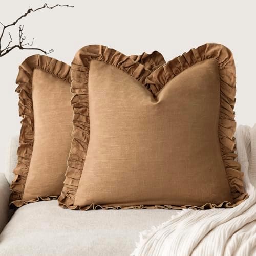 Foindtower Linen Fringe Ruffle Throw Pillow Covers 18×18 Inch Orange Brown by Foindtower