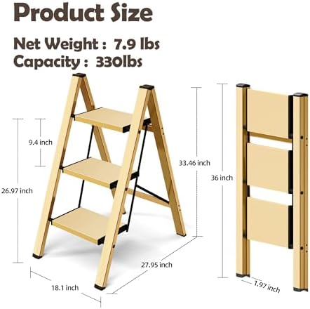 Taranta 3 Step Stool Foldable, Aluminum Step Ladder-Gold - Image 6