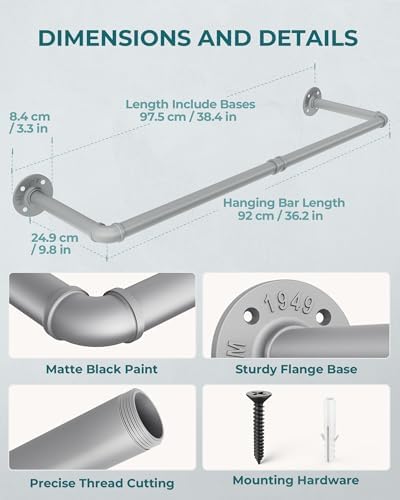 OROPY 38.4" Industrial Pipe Clothes Rack Wall Mounted, Heavy Duty, 2 Pack - Image 4