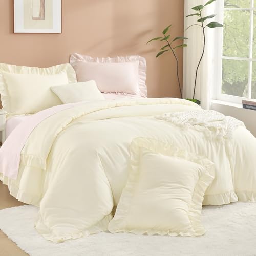 Litanika King Comforter Set, 3 Pieces Cream Ruffle Bedding Set by Litanika