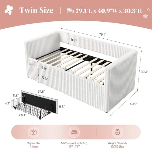 Jocisland Twin Daybed with Storage Drawers, Corduroy Upholstered - Image 2