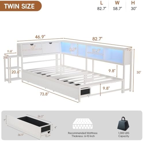 Twin Corner Bed Frame with Storage Bookcase and Bedside Rack - Image 2