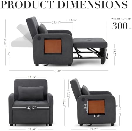 MALOL Convertible Chair-Fabric Sofa Bed, Single Sleeper Sofa, Dark Grey - Image 2