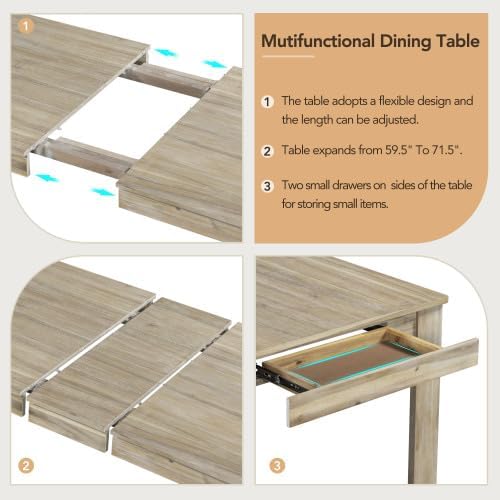 SogesHome 7-Piece Dining Table Set for 6-8 People, Extendable Solid Rubber Wood Kitchen Table with Leaf & 2 Storage Drawers, Chairs with Soft Cushion, Perfect for Kitchen, Dining Room (Natural)