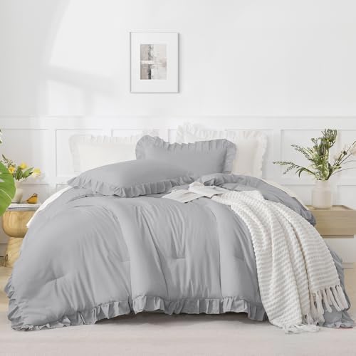 Andency Silver Gray Queen Comforter Set, 3 Pieces Shabby Chic Bedding - Image 2
