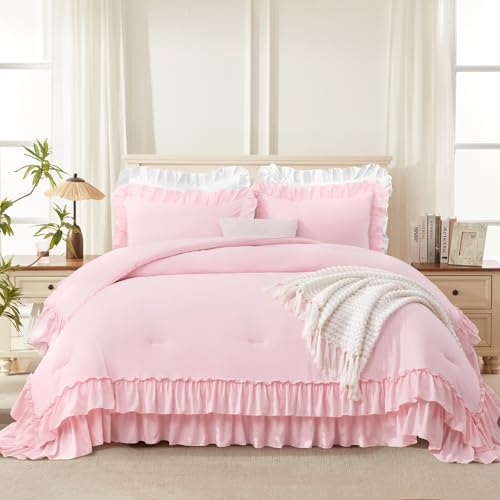 Andency Pink Twin Size Ruffle Comforter Set, 2 Pieces - Image 2