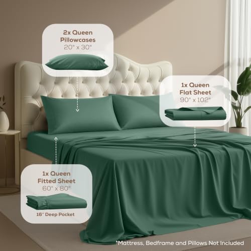 Queen Sheets Set, 4 Pieces 16" Deep Pocket Bed Sheets, Emerald Green - Image 2