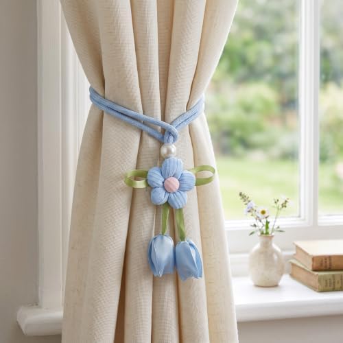 Floral Curtain Tiebacks, 4 Pack Adjustable Curtain Holdbacks, Dusty Blue - Image 3