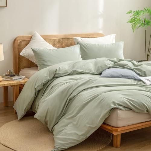 BESTOUCH Cotton Solid Duvet Cover Set Linen Feel Sage Green Alaska King - Image 5