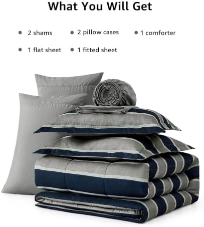 Monbix Queen Comforter Set-7 Pieces Striped Bed in a Bag Queen Bedding Sets - Image 7