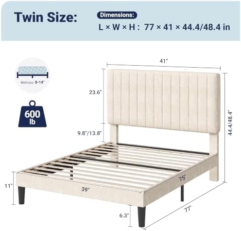 Allewie Twin Bed Frame, Upholstered Platform Bed - Image 2