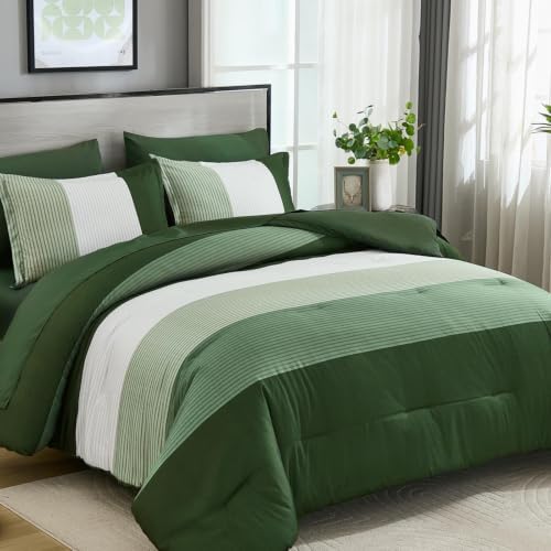 Olive Green King Size Comforter Set, 7 Pieces Boho Striped Bed in a Bag by Anibedding
