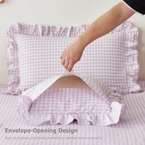 Full Gingham Comforter Set 5 Pieces Purple Ruffled Bedding Sets - Image 6