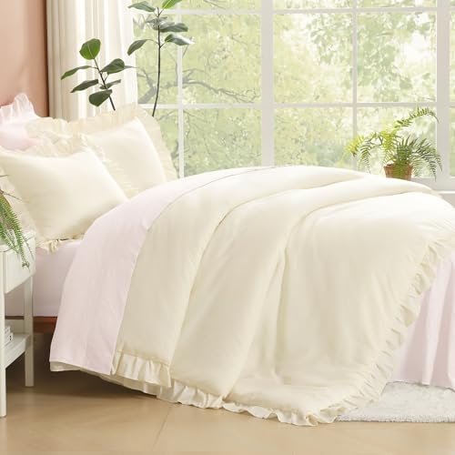 Litanika Queen Comforter Set, 3 Pieces Cream Ruffle Bedding Set - Image 3