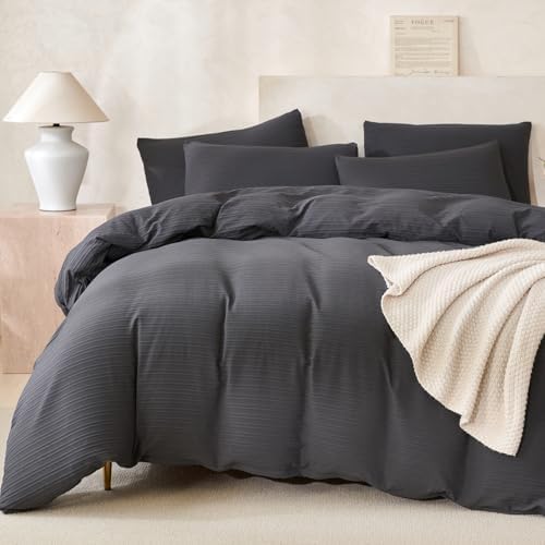 Dark Grey Comforter King Size Set Striped Soft Washed Microfiber Jacquard 3 - Image 7