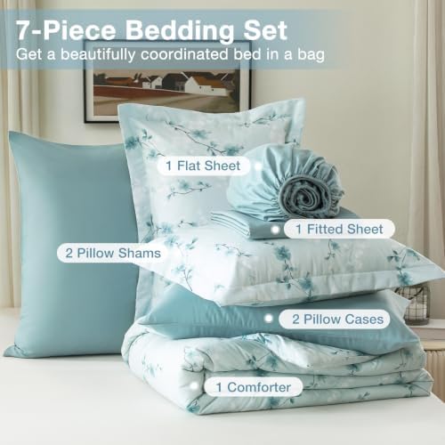 MUXHOMO Queen Comforter Set, 7-Piece Floral Bed in a Bag, Dusty Blue - Image 6