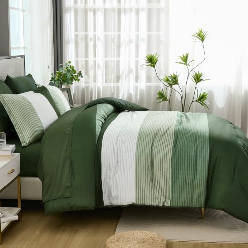 Olive Green King Size Comforter Set, 7 Pieces Boho Striped Bed in a Bag - Image 7