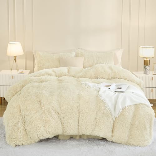 Andency Light Beige Queen Comforter Set, Fluffy Faux Fur Warm Bedding Set - Image 4