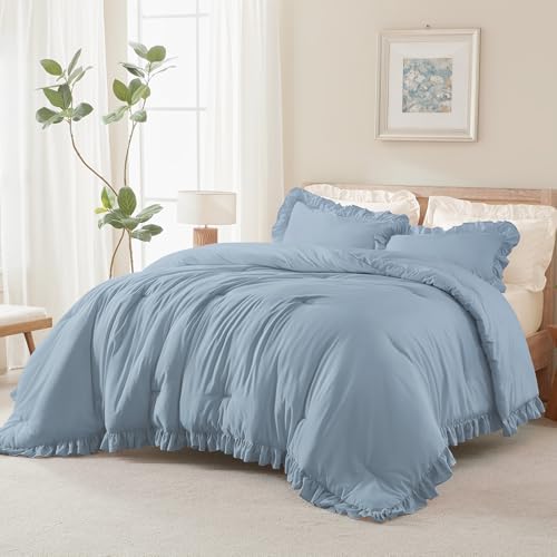 Andency Grayish Blue Ruffle Comforter Twin XL, 2 Pieces Solid Farmhouse Bed - Image 4