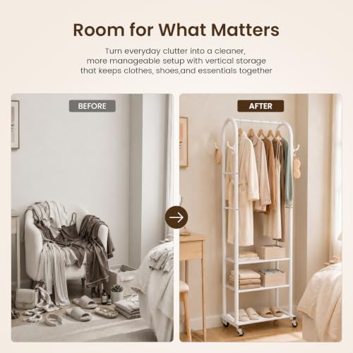 Cesun Small Clothes Rack with 3-Tier Mesh Shelves & 8 Hooks - Image 2