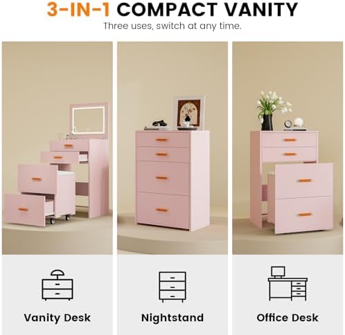 Small Makeup Vanity Desk with Mirror and Lights, 3-in-1 Compact Vanity Set - Image 3