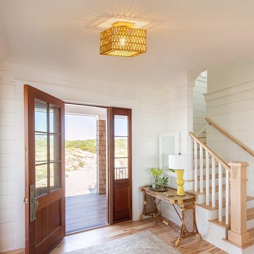 Rpzloila Rattan Ceiling Light, Square Flush Mount Ceiling Light - Image 5