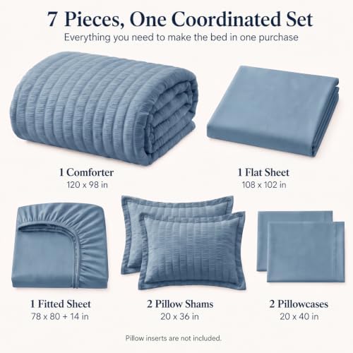 CozyLux Oversized King Comforter Set 120x98 7-Piece Dusty Blue Seersucker - Image 2