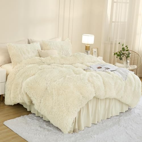 Andency Light Beige Queen Comforter Set, Fluffy Faux Fur Warm Bedding Set - Image 2