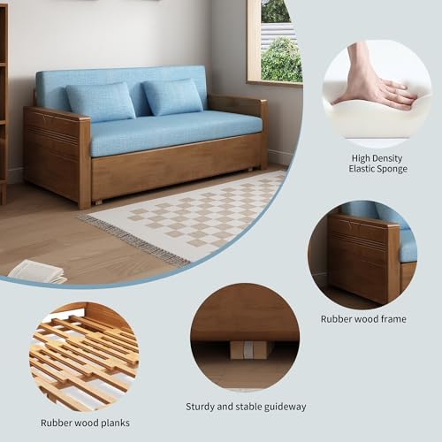 59" Blue 3-in-1 Convertible Sofa Sleeper w/ Reversible Chaise, Solid Woods - Image 6