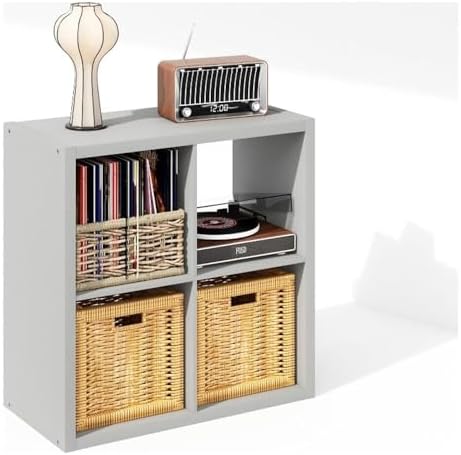 Furinno Cubicle Record Player Stand, 4-Cube Record Storage, Light Grey - Image 6