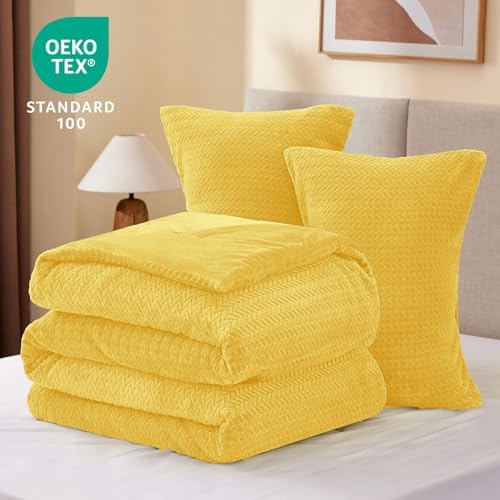 ChiXpace Fleece Twin Size Comforter Set Yellow, Fluffy Bed Set 2 Pieces - Image 6
