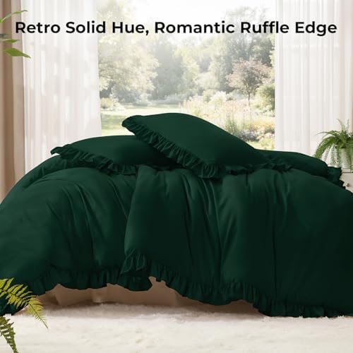 Litanika Full Comforter Set, 3 Pieces Emerald Green Ruffle Bedding Set - Image 2