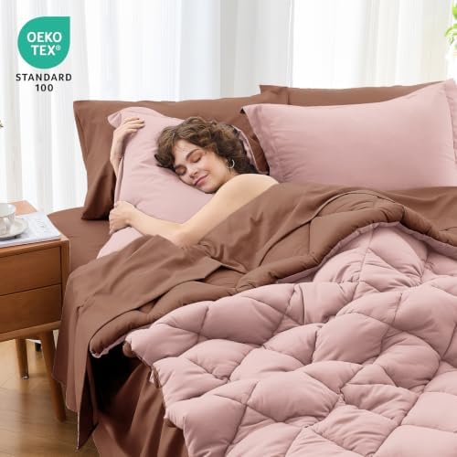 Twin Comforter Set 5 Pieces, Reversible Bed in a Bag, Rose Gold/Mocha - Image 4