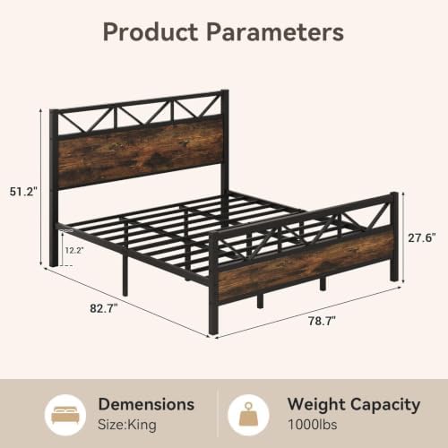 King Size Metal Bed Frame with 51.2'' Headboard, Rustic Brown - Image 2