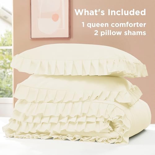 Litanika Queen Comforter Set, 3 Pieces Cream Ruffle Bedding Set - Image 7
