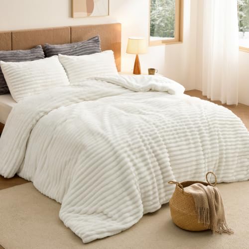 Bedsure Large Queen Comforter Set, Fluffy Bedding Set, Cream White, 3 Piece by BEDSURE