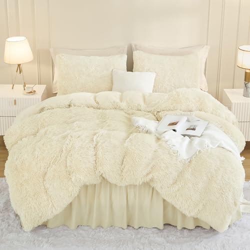 Andency Light Beige Queen Comforter Set, Fluffy Faux Fur Warm Bedding Set by Andency