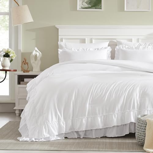 Cupocupa White Full Comforter Set, Lightweight Soft Shabby Chic Bedding - Image 3