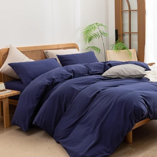 BESTOUCH Cotton Solid Duvet Cover Set Linen Feel Navy Blue Alaska King - Image 5