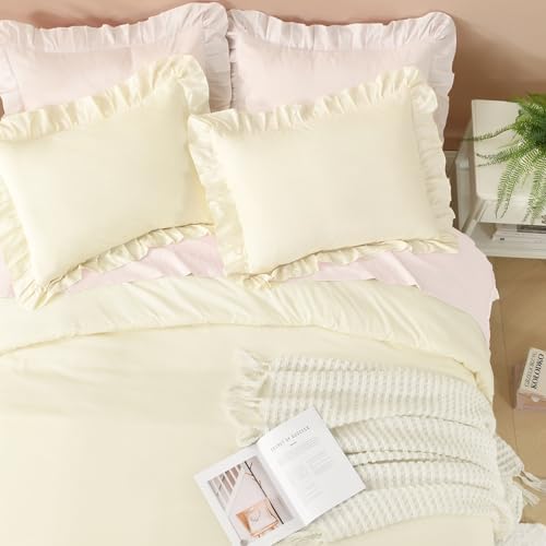 Litanika Queen Comforter Set, 3 Pieces Cream Ruffle Bedding Set - Image 4